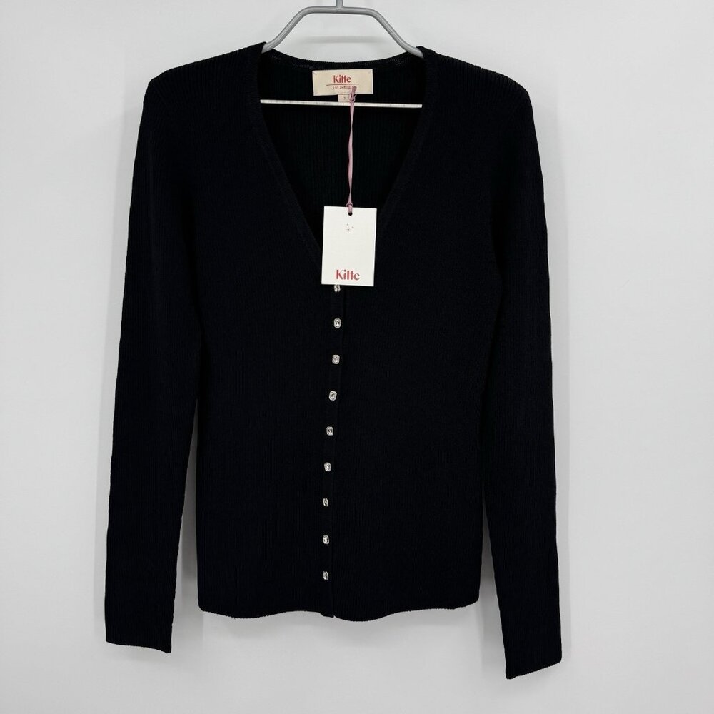 Kilte Collection The Katherine Rib Knit Cardigan size 2 M Black Rayon